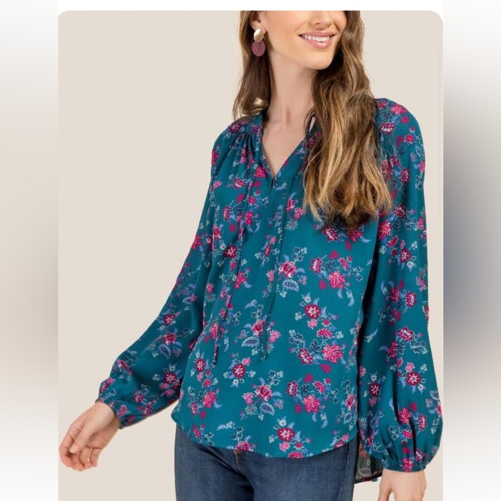 Kate Printed Tie Neck Teal floral blouse